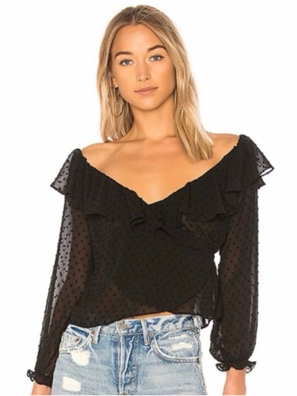 Revolve Majorelle Black Swiss Dot Wrap Blouse Top